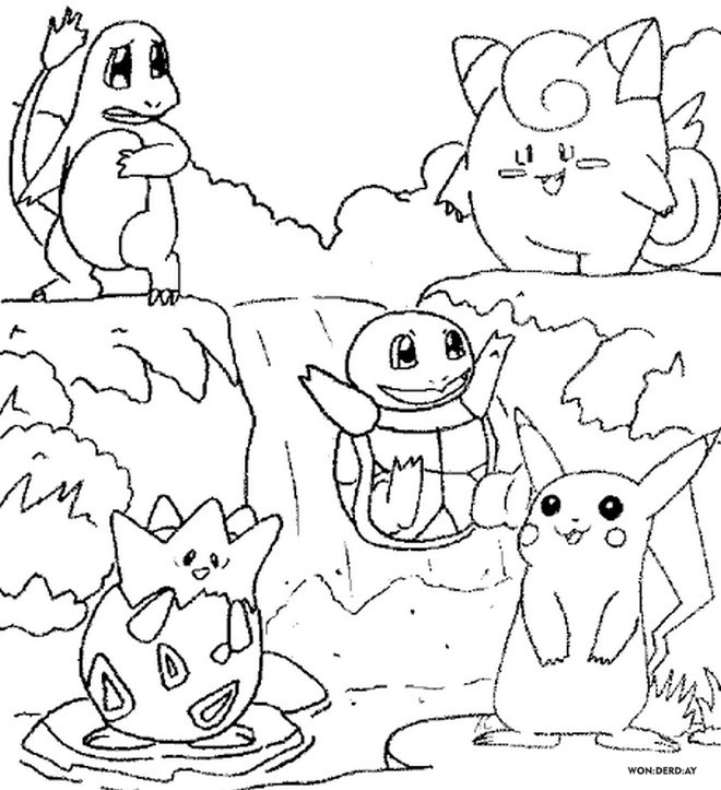 Pokémon se koupe ve vodopádu omalovánka