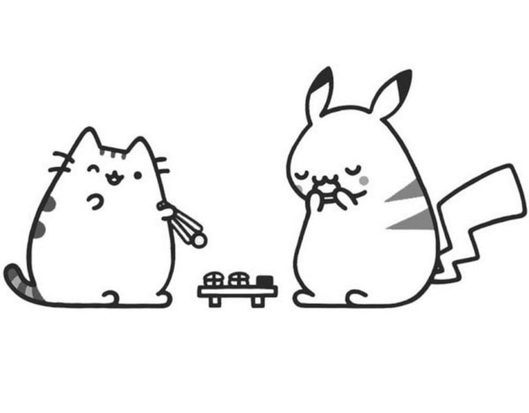 Pusheen a Pikachu jedí rohlíky a sushi omalovánka