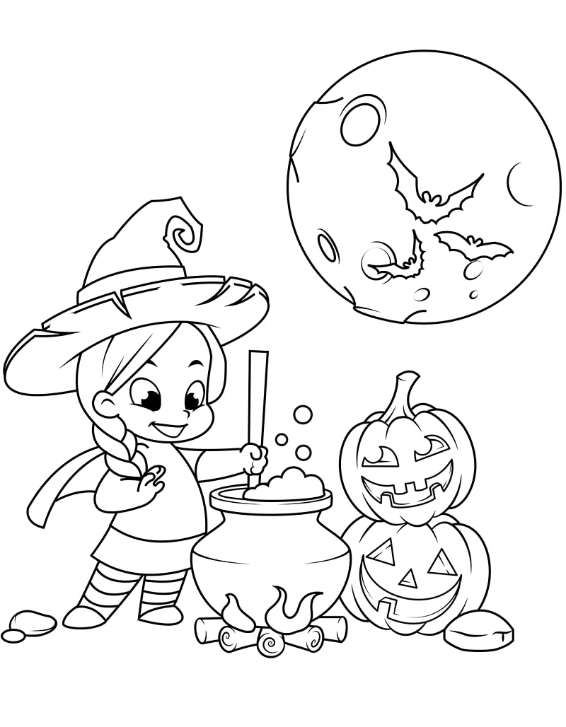 čarodějnice vařící lektvar na halloweenu omalovánka