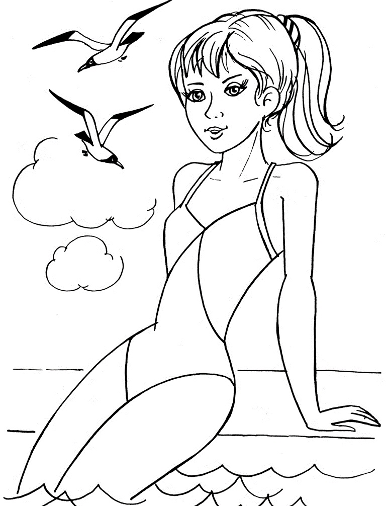 dívka na pláži omalovánka