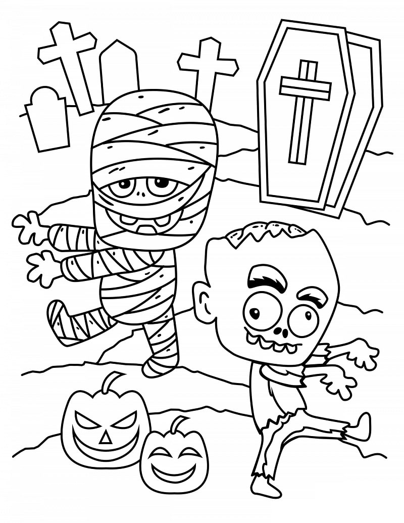 Mumie a Frankenstein na Halloween omalovánka