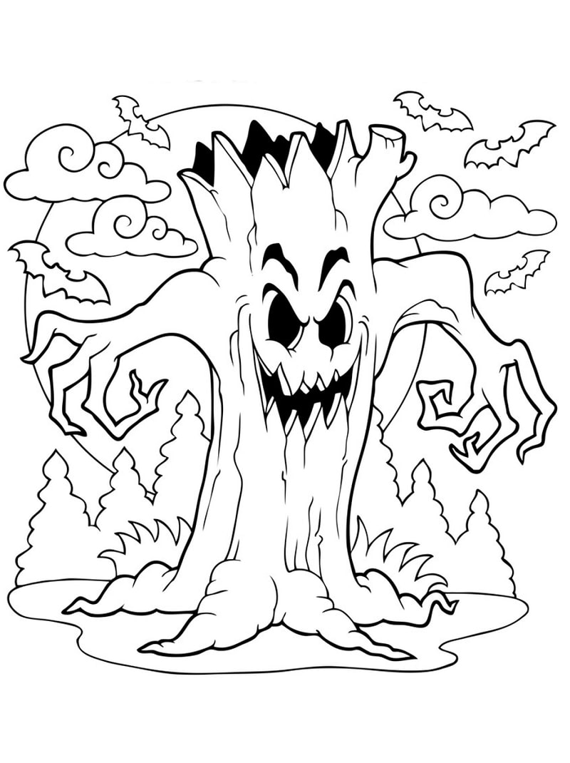 strašidelný strom omalovánka