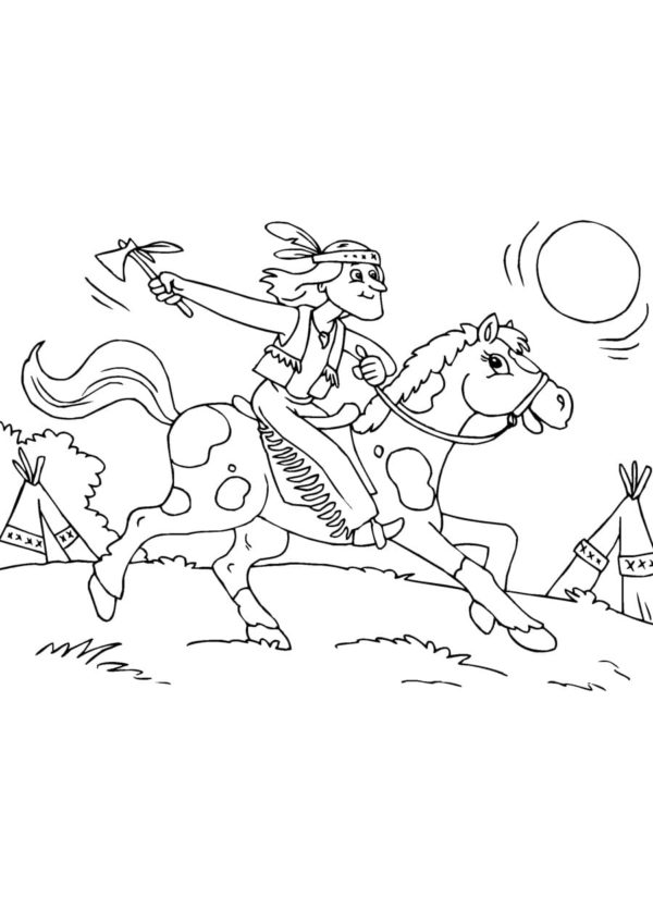Indián jezdí na koni. omalovánka