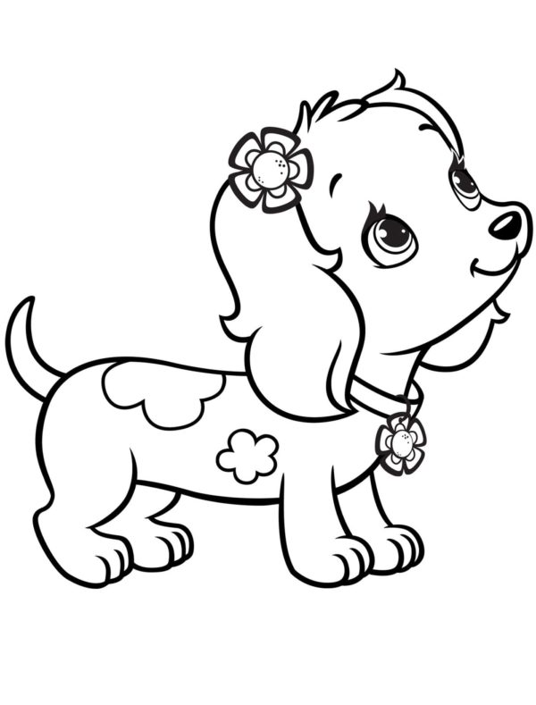 Malý roztomilý pes s květinou v uchu omalovánka