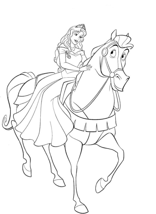 Princezna Aurora a její chytrý kůň. omalovánka