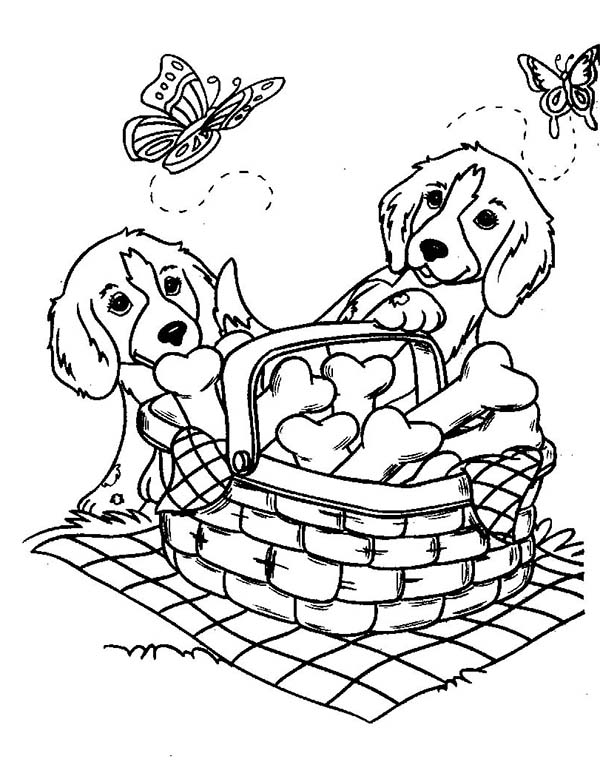 Rajský piknik s košem kostí pro dva psy omalovánka