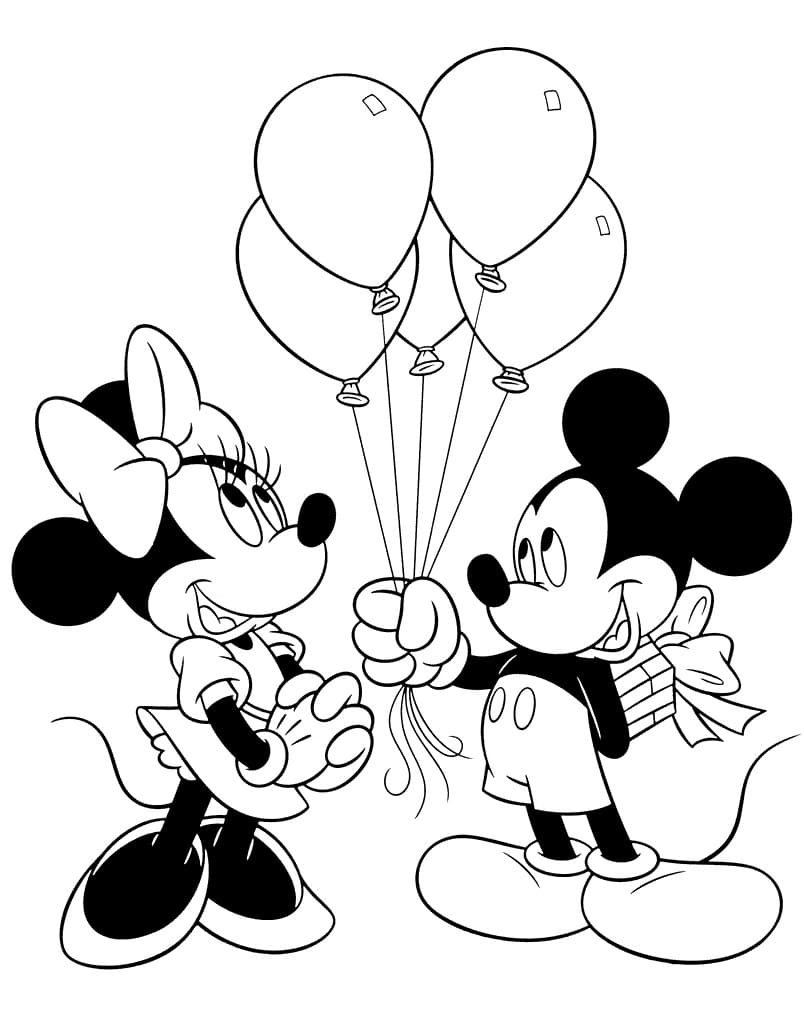 Mickey a Minnie s balónky a dárkem omalovánka