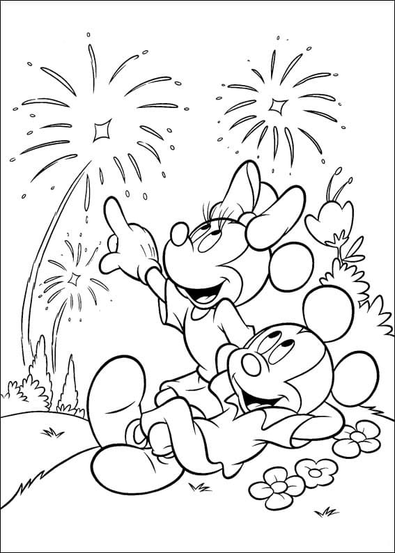 Mickey a Minnie sledují ohňostroj omalovánka