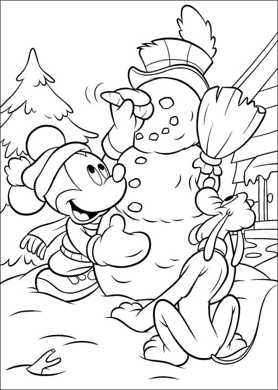 Mickey a Pluto staví sněhuláka omalovánka