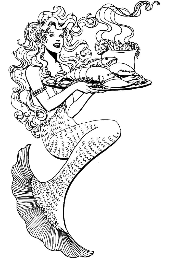 Mořská panna a jídlo omalovánka