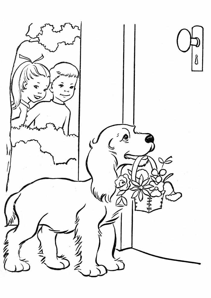 Pes s košíkem květin omalovánka