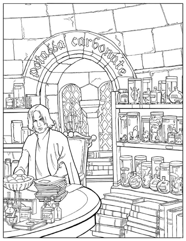 Omalovánka Severus Snape v laboratoři.