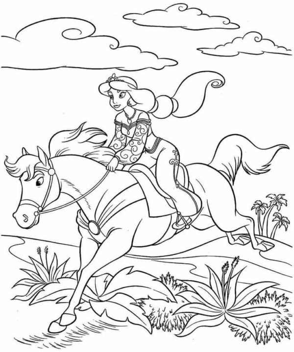 Jasmína jezdí na koni omalovánka