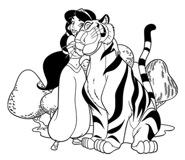 Jasmine objímá šťastného tygra omalovánka