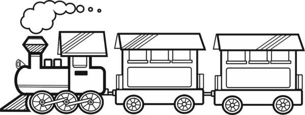K lokomotivě jsou připojeny dva přívěsy. omalovánka