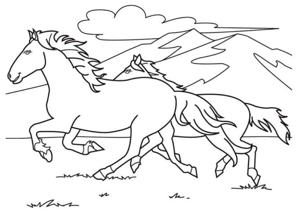 Koně skáčou v horách omalovánka