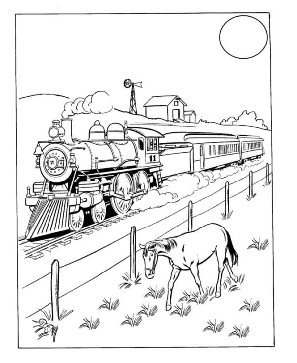 Kůň se pase poblíž železnice. omalovánka