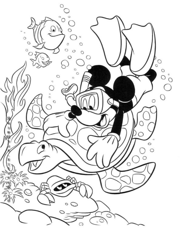 Mickey Mouse se potápí s velkou želvou omalovánka