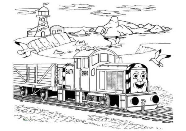 Rackové krouží nad kresleným vlakem omalovánka