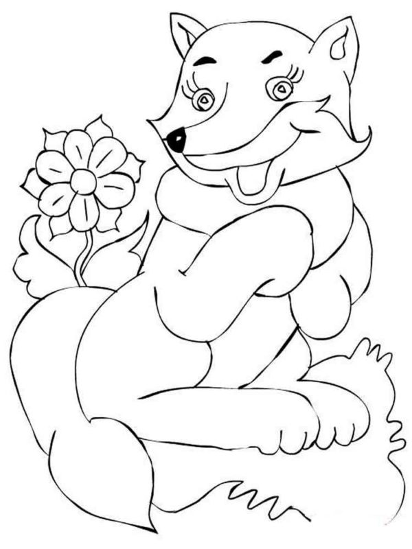 Omalovánka Roztomilá liška vedle květiny.