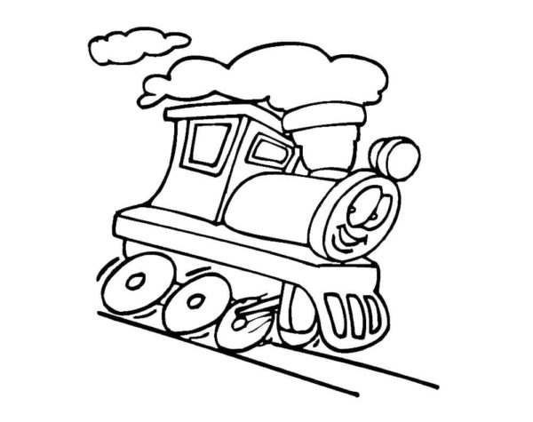 Usmívající se vlak jedoucí směrem k nádraží omalovánka
