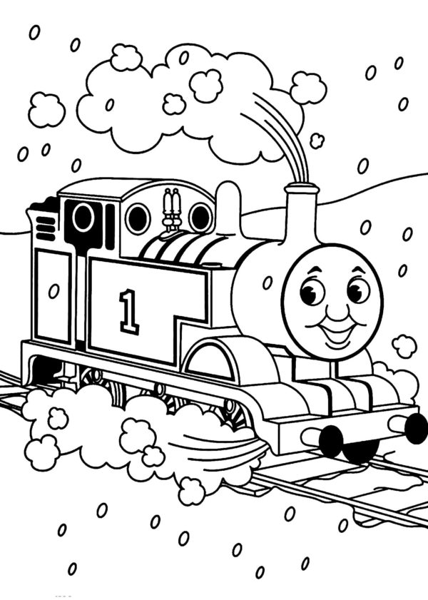 Ve sněhové bouři se Thomas řítí po kolejích. omalovánka