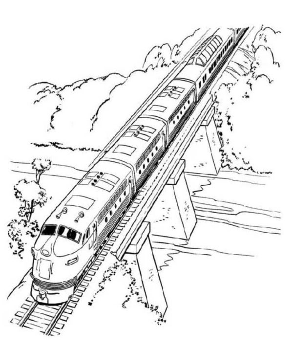 Vlak se řítí přes most omalovánka