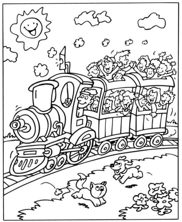 Zábavný vlak je plný dětí. omalovánka