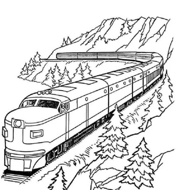Železnice vede přímo přes hory. omalovánka