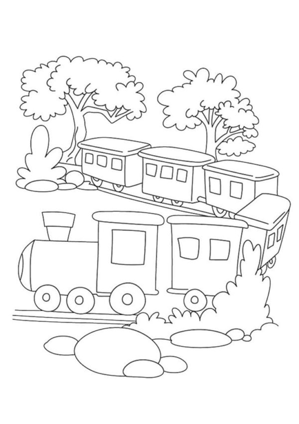 Železniční tratě leží mezi stromy omalovánka