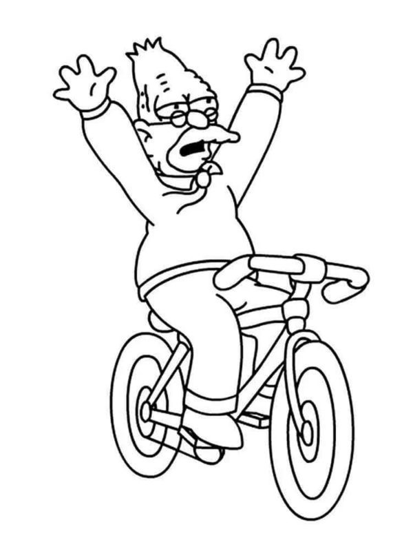 Dědeček rodiny Simpsonových jezdí na kole. omalovánka