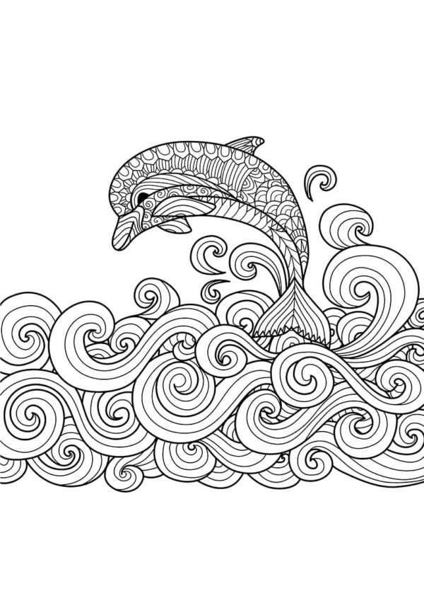 Delfín skákání na vlnách. omalovánka