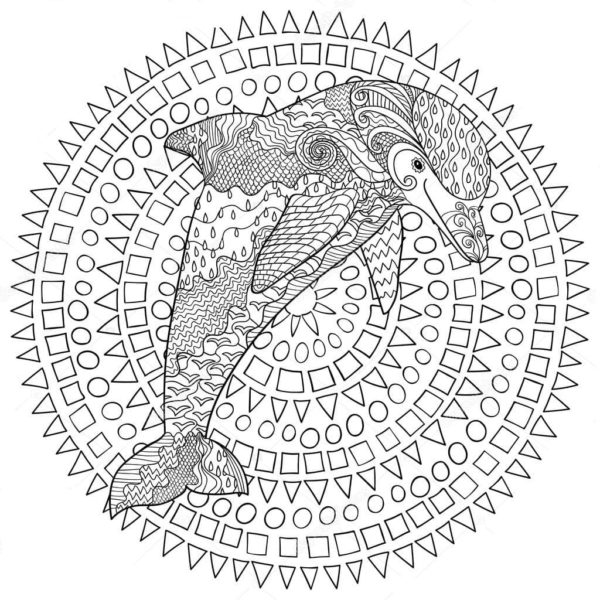 Geometrický vzor s delfínem. 1 omalovánka