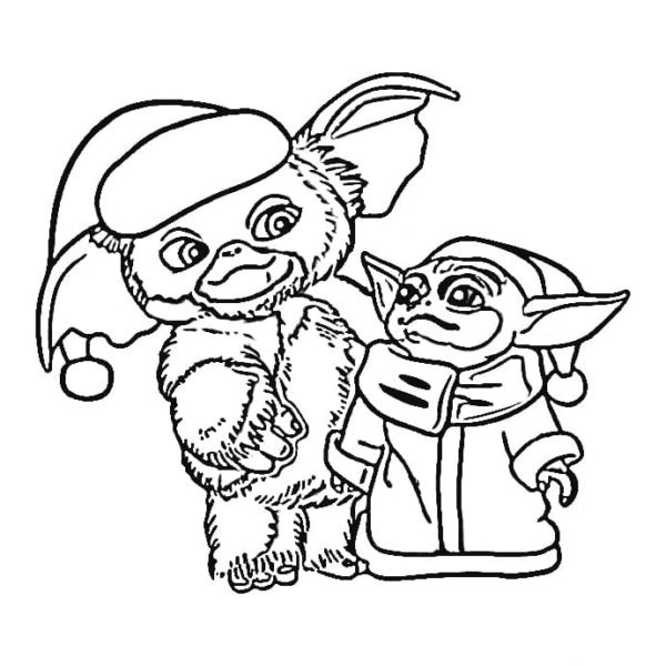 Gremlin ja Baby Yoda uudenvuoden asuissa. omalovánka