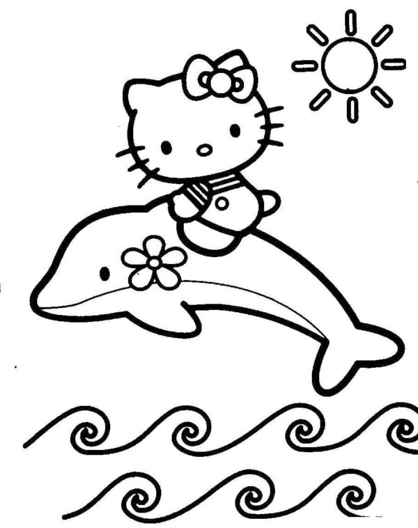 Omalovánka Kitty se baví s delfínem.