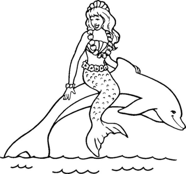 Omalovánka Krásná mořská panna jede na delfínu.