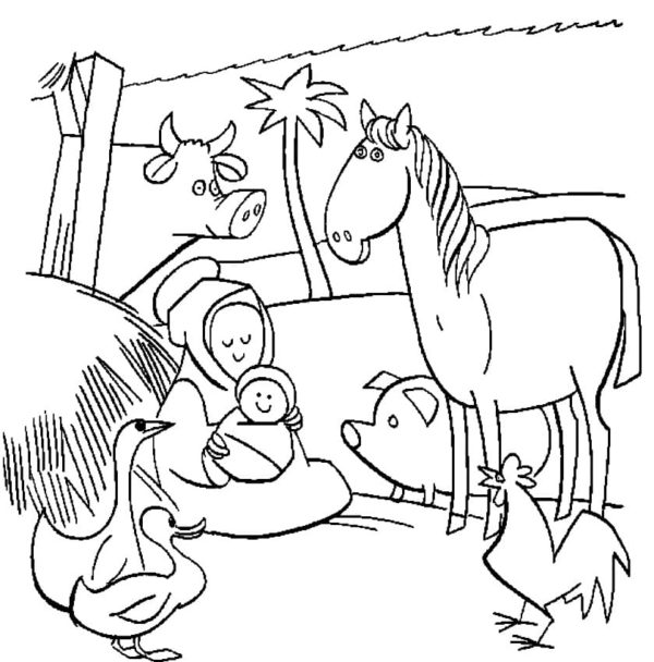 Matka Boží ukazuje dítě dobytku omalovánka