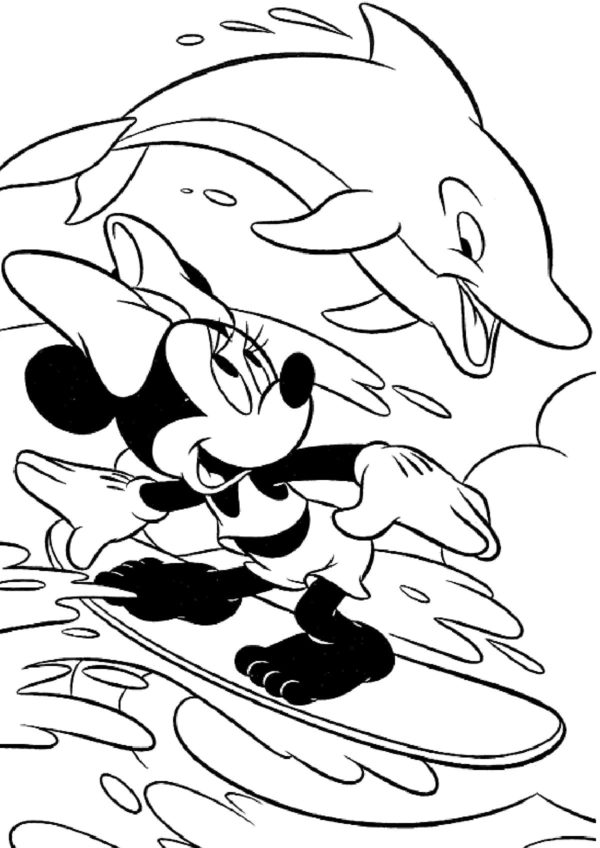 Minnie Mouse surfuje s delfínem. omalovánka