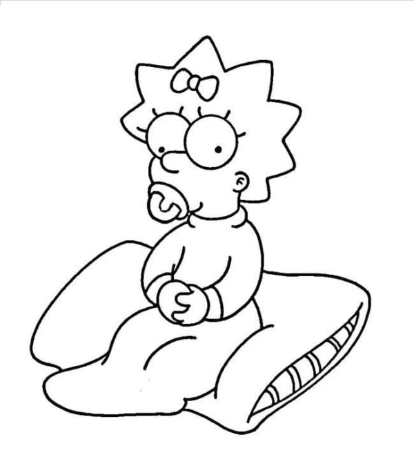 Nejmladší dcera Simpsonových v modrém váčku a červeném dudlíku. omalovánka