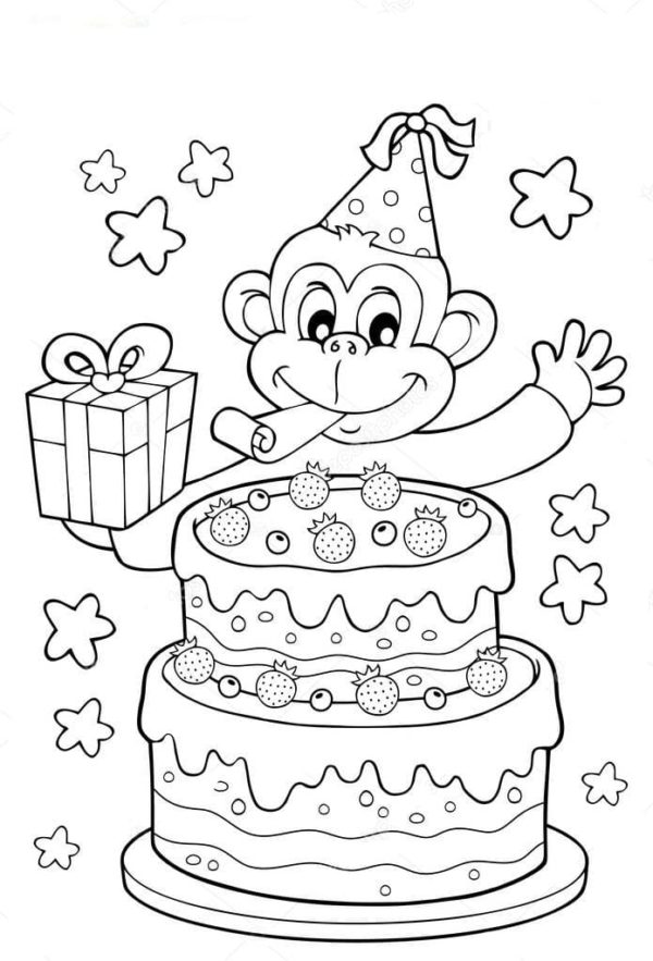 Opice a velký dort s ovocem omalovánka