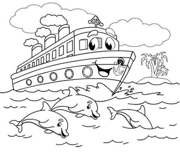 Radostní delfíni vítají loď. omalovánka