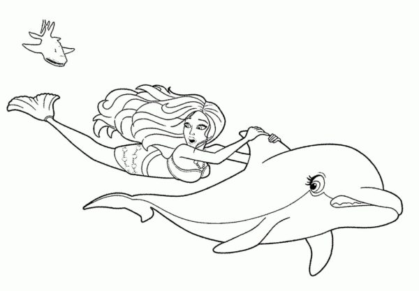 Rychlý delfín zachrání mořskou pannu před žralokem. omalovánka