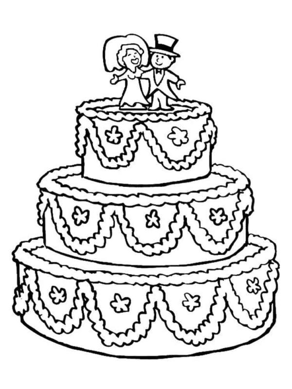 Svatební dort s postavami nevěsty a ženicha. omalovánka