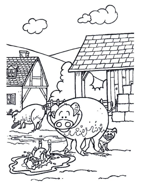 Veselá a radostná prasata cákají v bahně. omalovánka