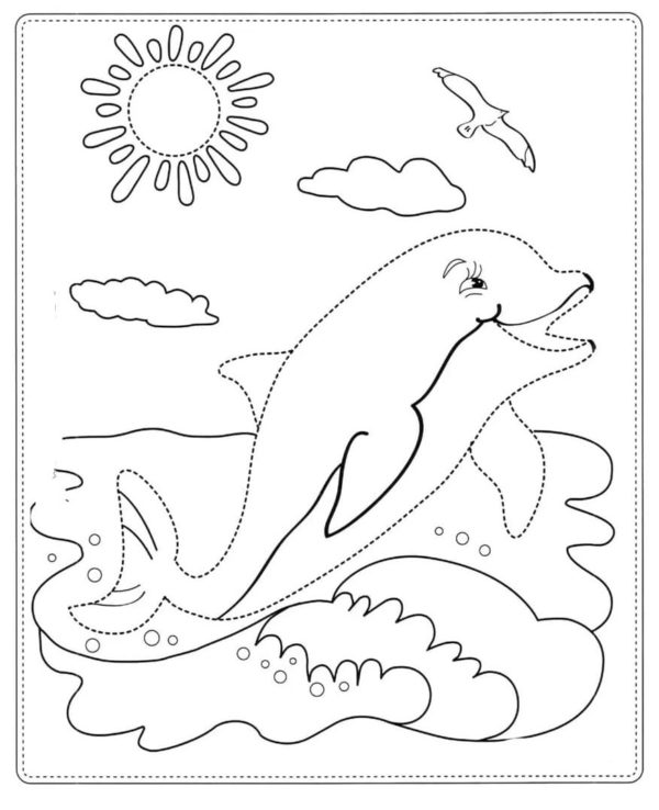 Vrčící moře a delfín. omalovánka