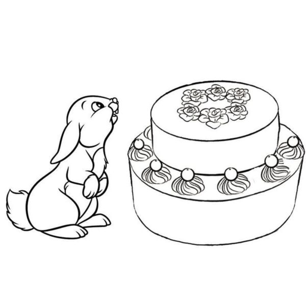 Zajíček a krémový dort s růžemi. omalovánka