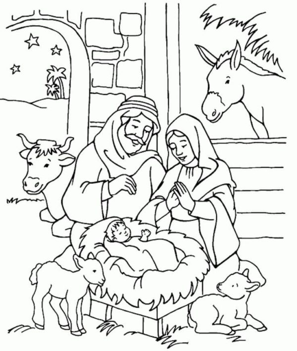 Zvířata spolu s lidmi se radují z narození Božského dítěte omalovánka