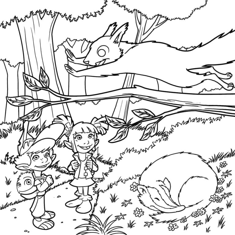 Chlapec a dívka jdou v lese. omalovánka