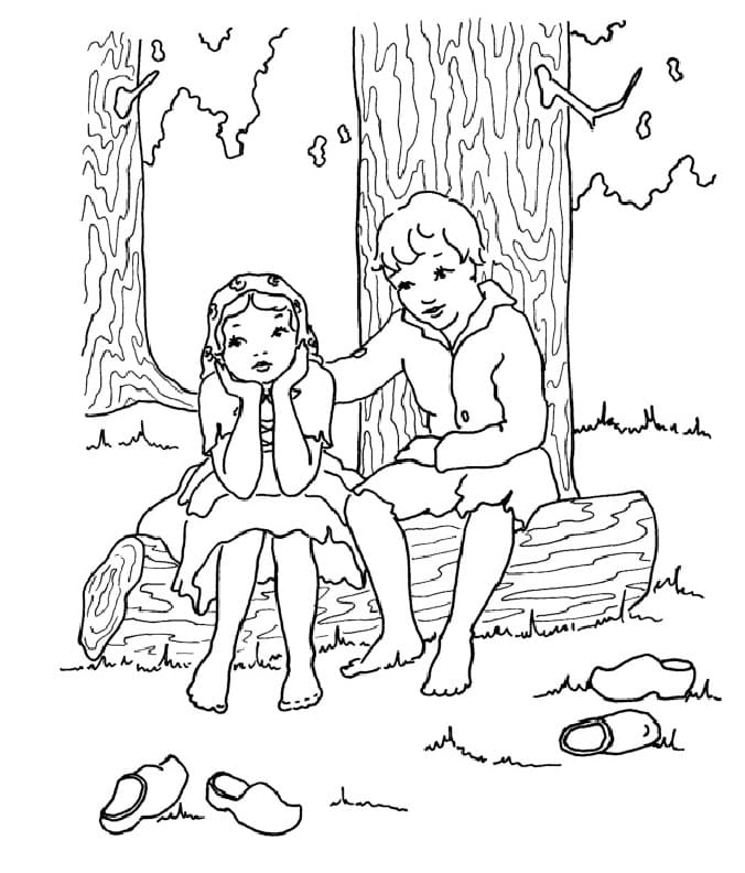 Děti sedí na stromě uprostřed lesa omalovánka