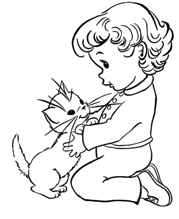 Dívka si hraje s kotětem omalovánka